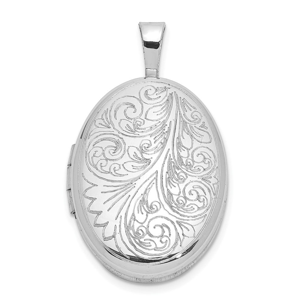 Sterling Silver Rhodium-plated Polished Scroll Design 19x15mm Oval Locket