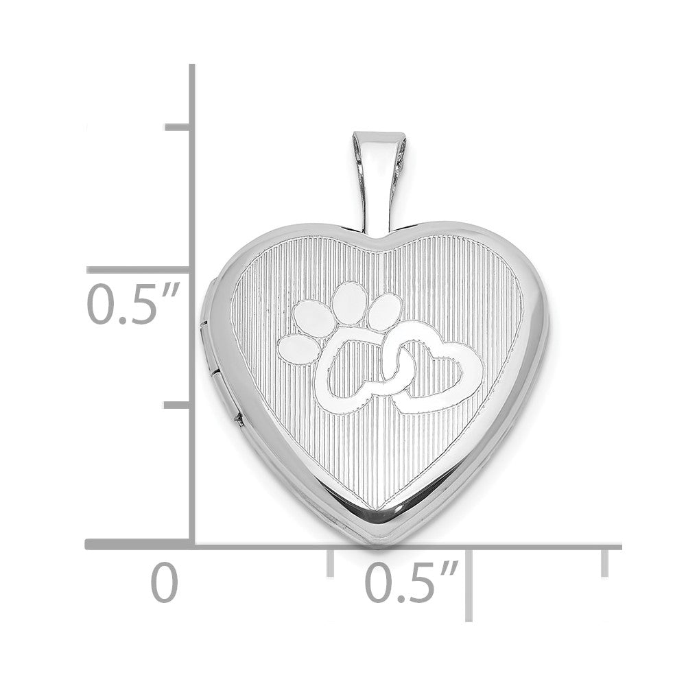 Sterling Silver Rhodium-plated Paw Prints w/Heart 16mm Heart Locket