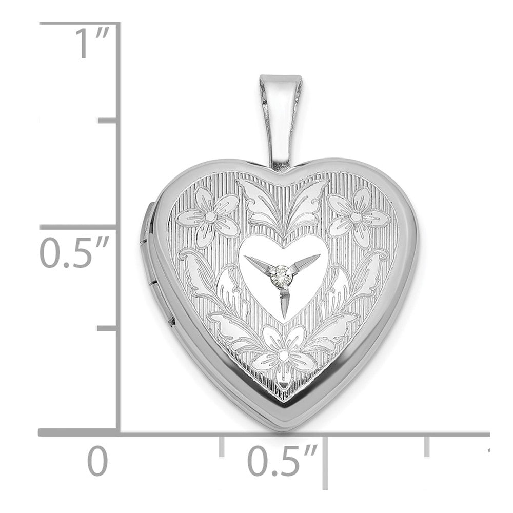 Sterling Silver Rhodium-plated Diamond 16mm Floral Heart Locket