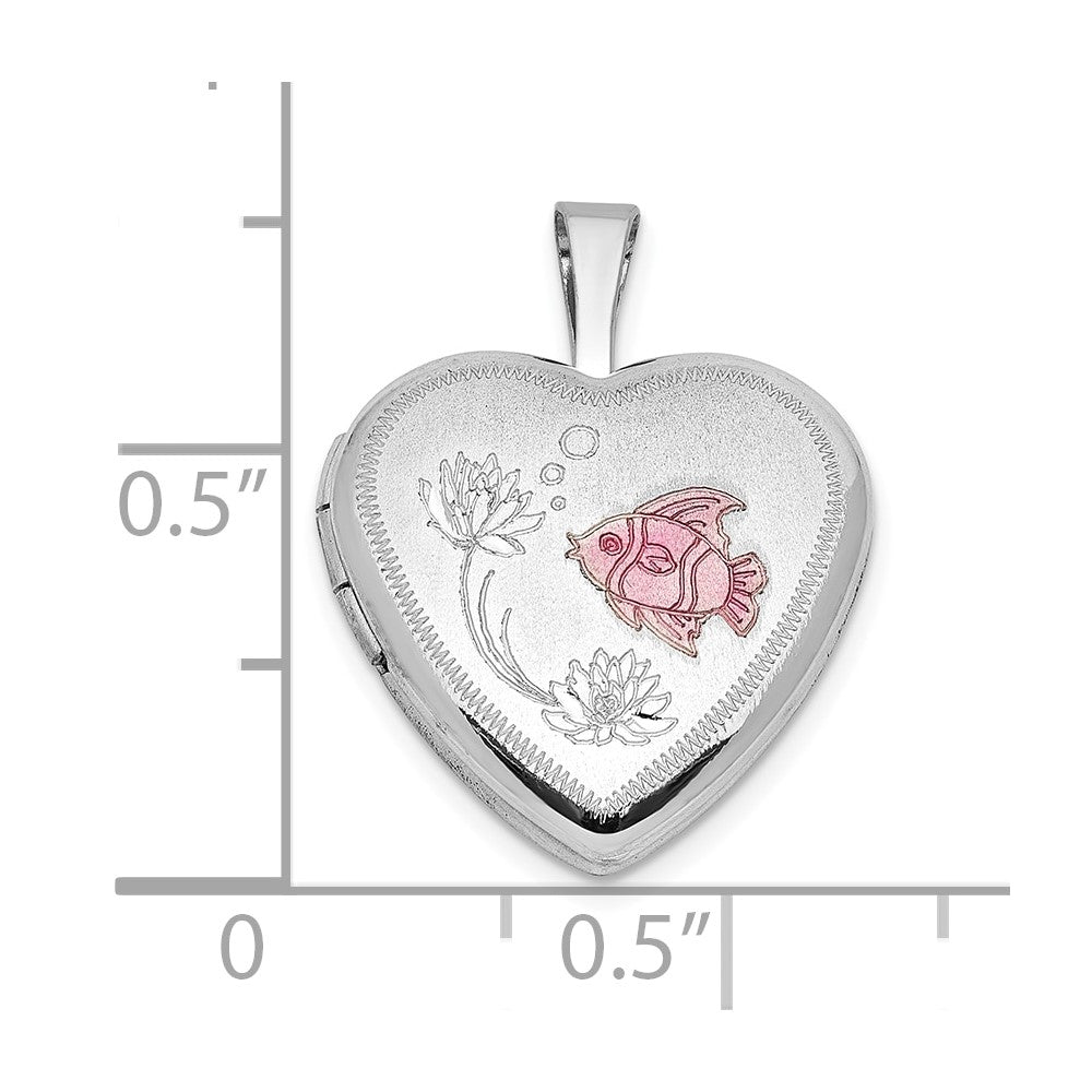 Sterling Silver Rhodium-plated Epoxy Satin Polished Fish 16mm Heart Locket