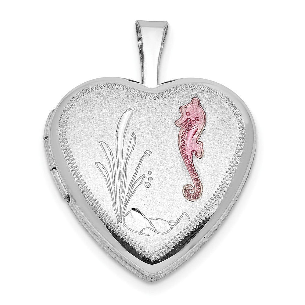 Sterling Silver Rhodium-plated Epoxy Satin Polished Sea Horse 16mm Heart Locket