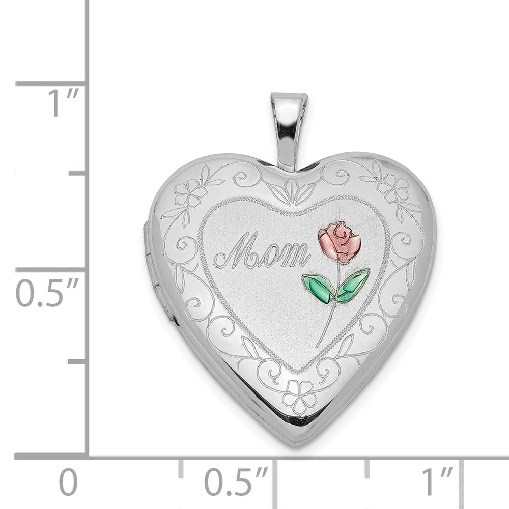 Sterling Silver Rhod-plated 20mm D/C & Enameled Mom Rose Heart Locket