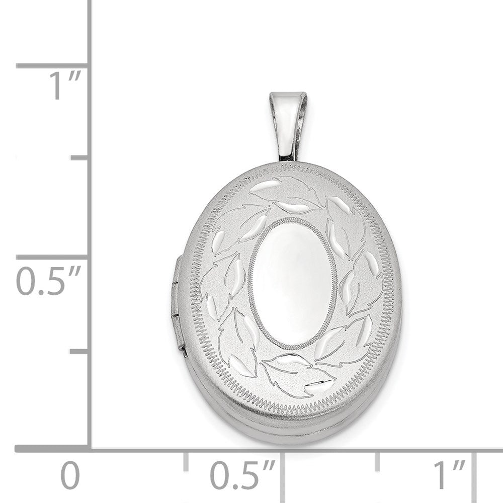 Sterling Silver Rhod-plated Polished & Satin Leaf Border 19mm Oval Locket
