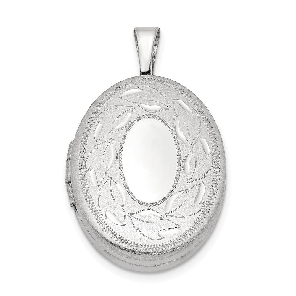 Sterling Silver Rhod-plated Polished & Satin Leaf Border 19mm Oval Locket