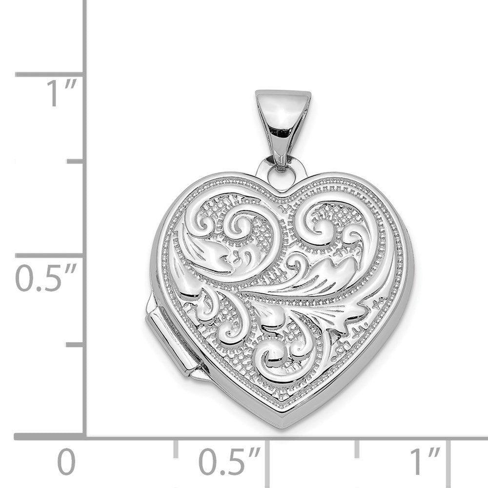 Sterling Silver Rhodium-plated 18mm Scroll Design Heart Locket
