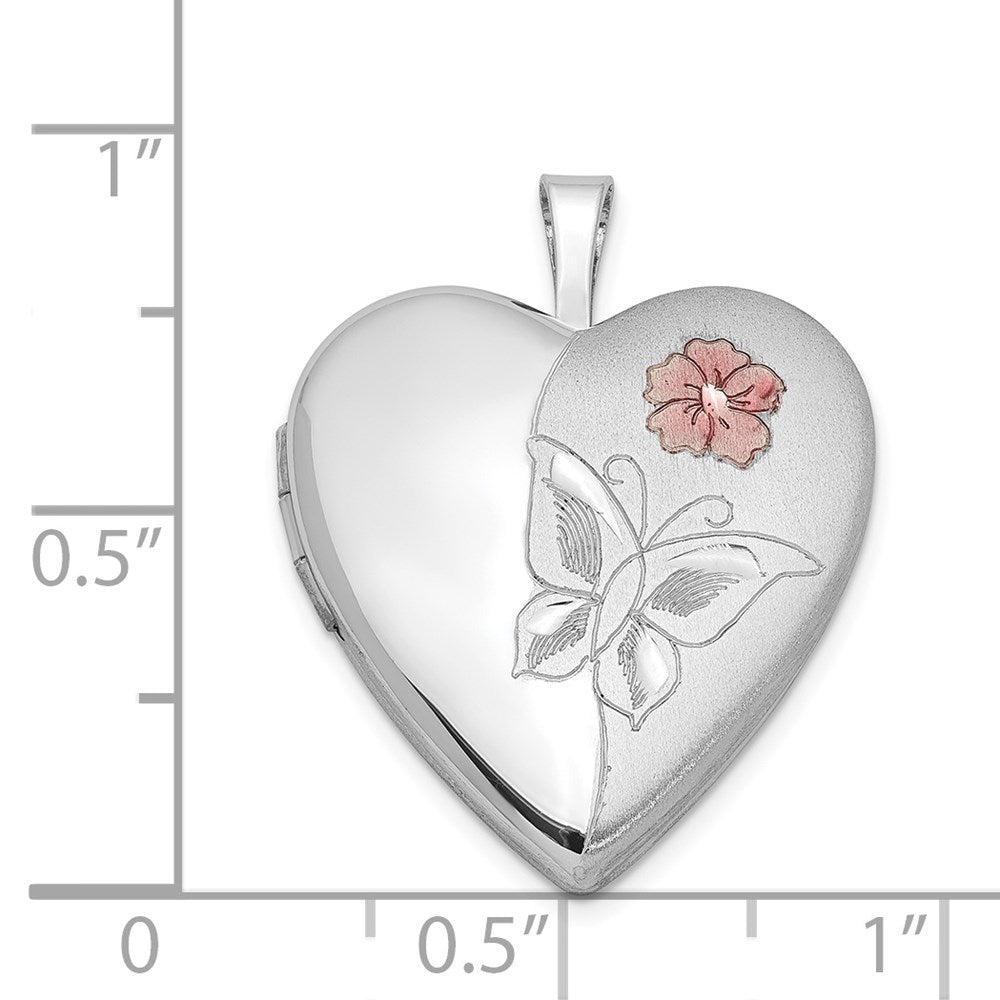 Sterling Silver Rhodium-plated Enameled Flower Butterfly Heart Locket