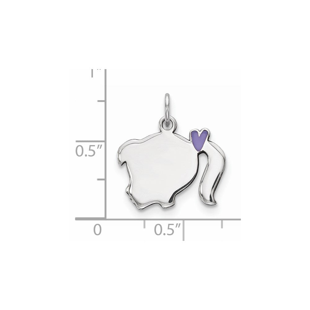 Sterling Silver Rhod-plate Purple Enamel Left Facing Girl Head Disc Charm
