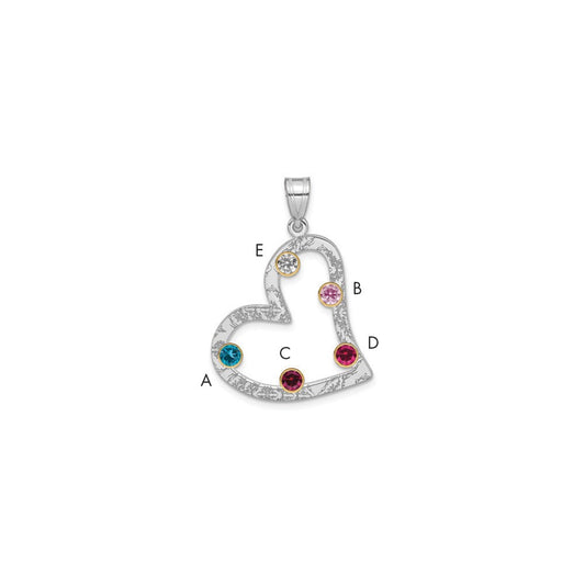 Sterling Silver/Rhod-plated 5 Birthstone Heart with 14k Bezel Family Pendant