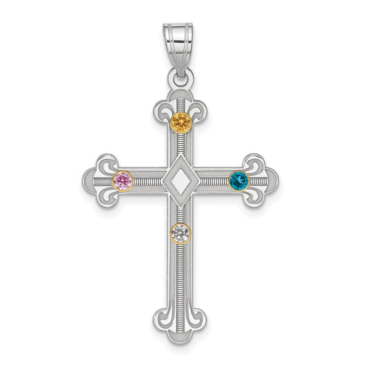 Sterling Silver Rh-plt/14k Bezel Crystal Family Cross Pendant