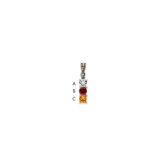 Sterling Silver Antiqued w/14k 3-stone w/Diamond Mother's Pendant