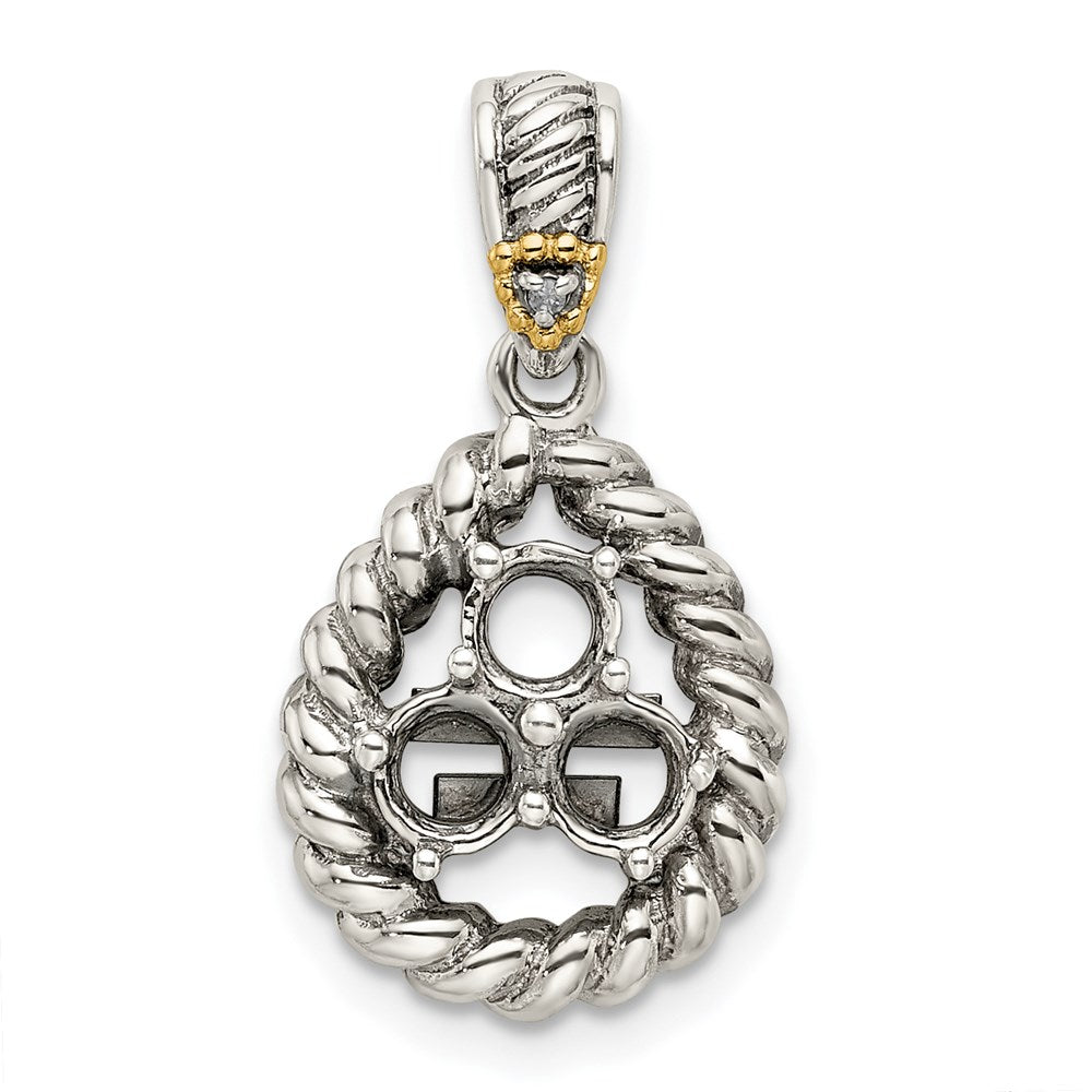 Sterling Silver Antiqued w/14k 3-stone w/Diamond Mother's Pendant