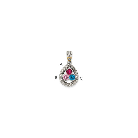 Sterling Silver Antiqued w/14k 3-stone w/Diamond Mother's Pendant