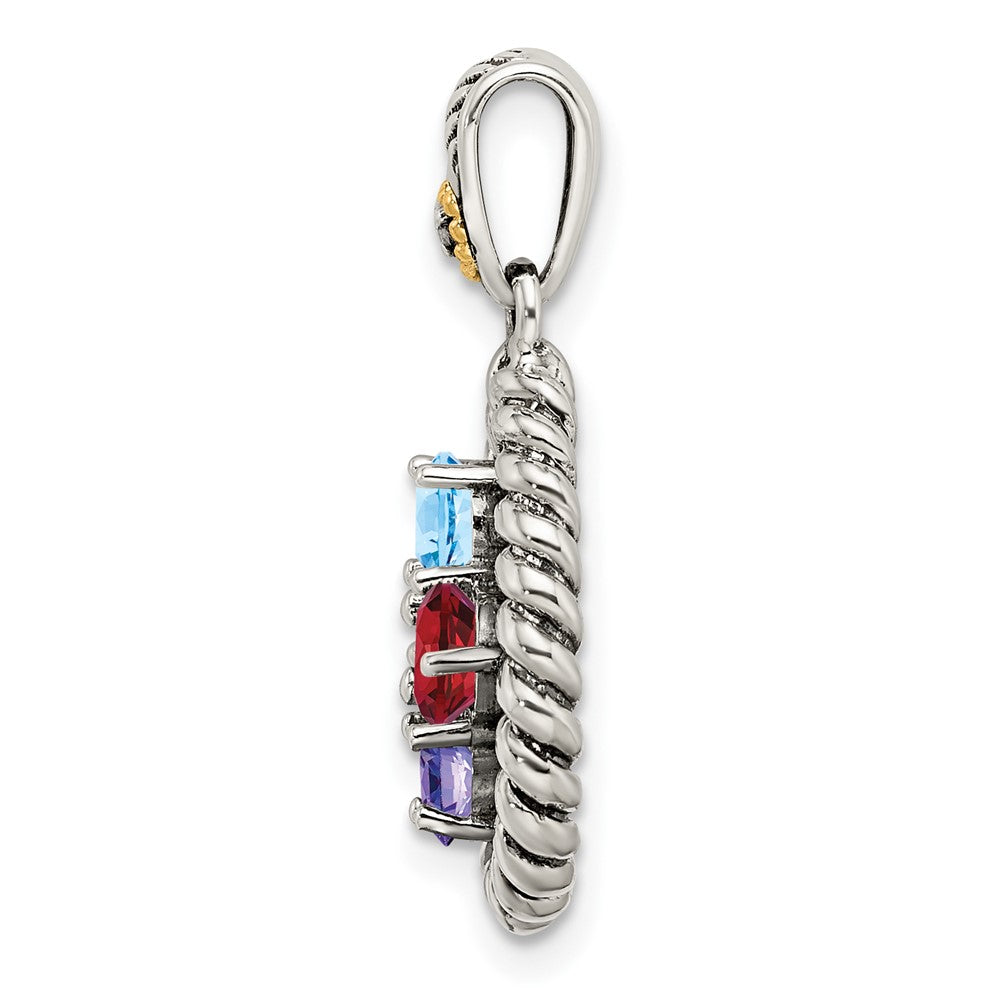 Sterling Silver Antiqued w/14k 4-stone w/Diamond Mother's Pendant