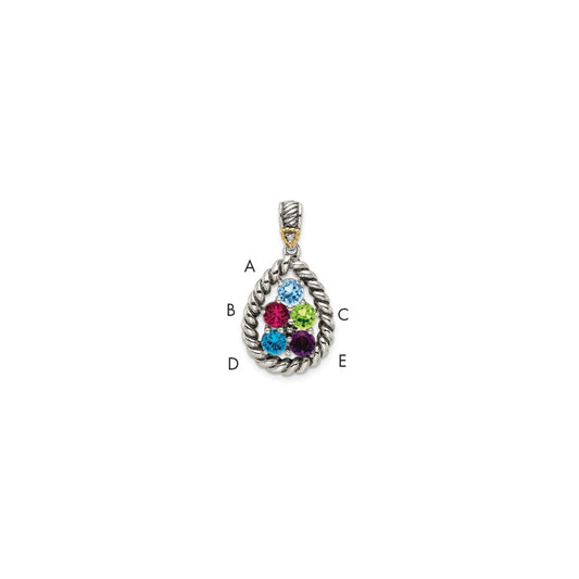 Sterling Silver Antiqued w/14k 5-stone w/Diamond Mother's Pendant