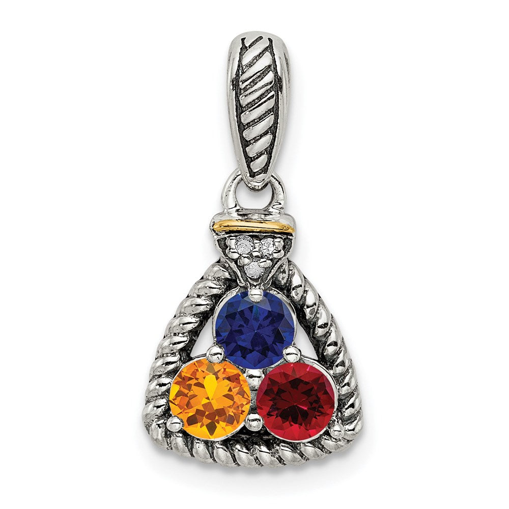 Sterling Silver Antiqued w/14k 3-stone w/Diamond Mother's Pendant