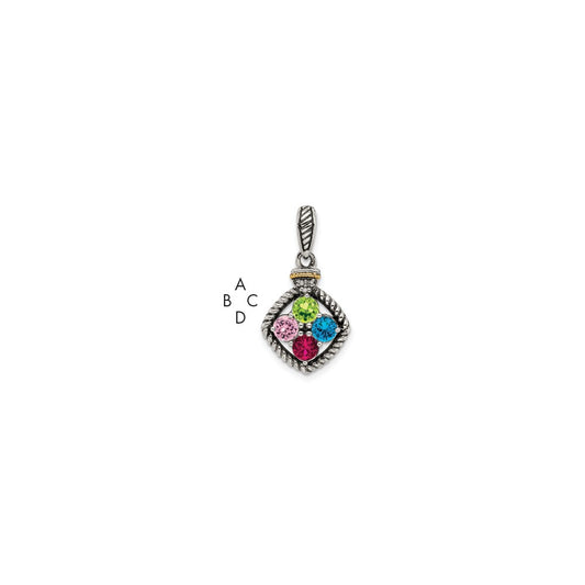 Sterling Silver Antiqued w/14k 4-stone w/Diamond Mother's Pendant