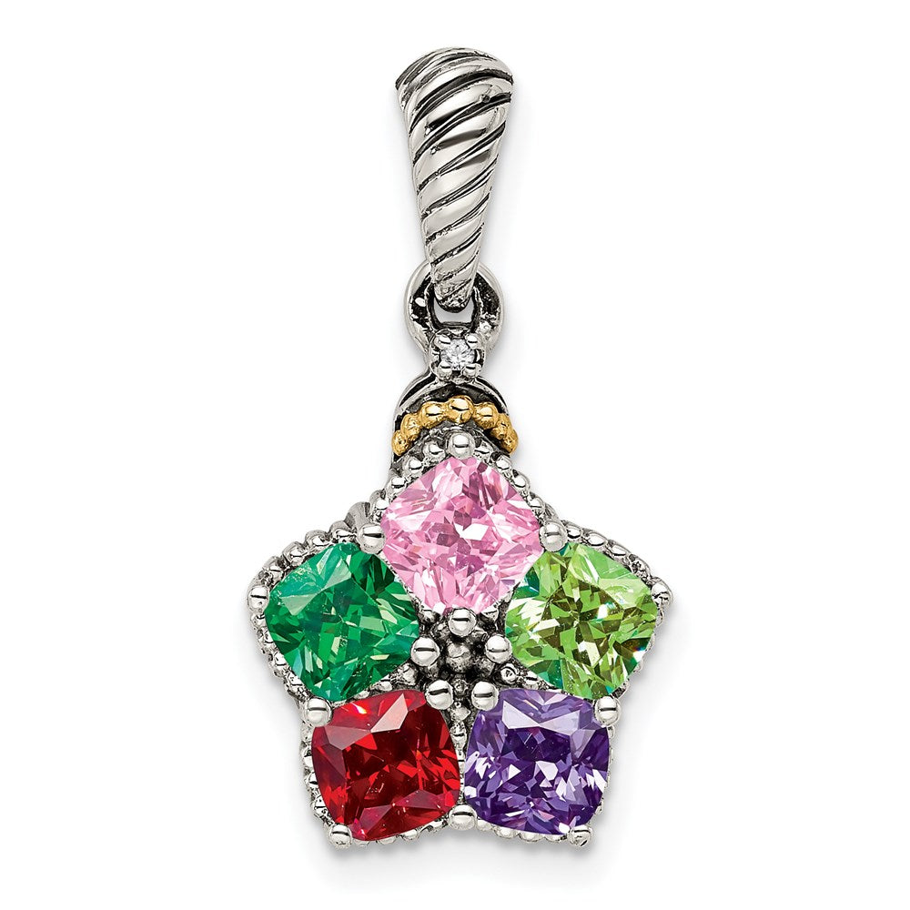 Sterling Silver Antiqued w/14k 5-stone w/Diamond Mother's Pendant