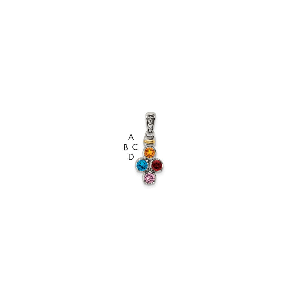 Sterling Silver Antiqued w/14k 4-stone w/Diamond Mother's Pendant