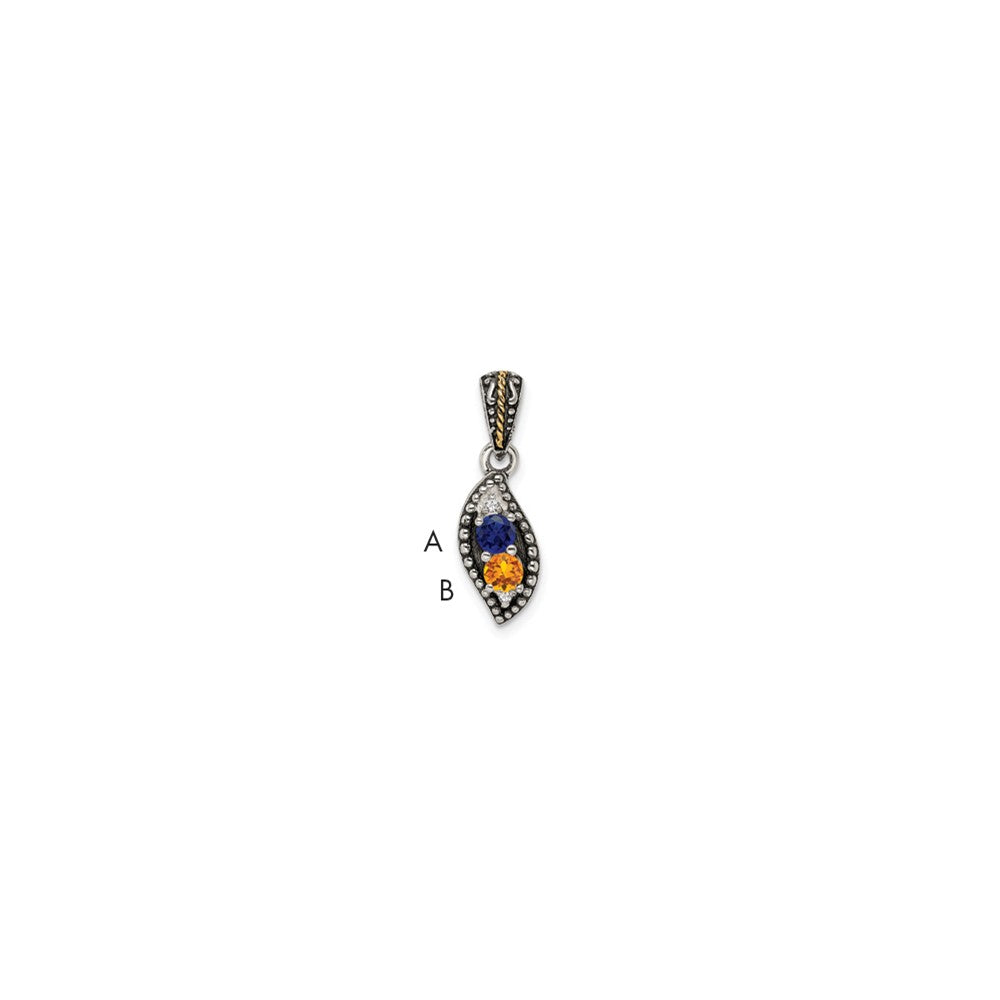 Sterling Silver Antiqued w/14k 2-stone w/Diamond Mother's Pendant