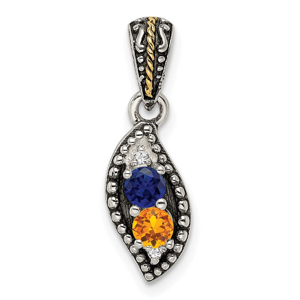 Sterling Silver Antique w/14k 2-stone w/Diamond Family Pendant w/18in Chain