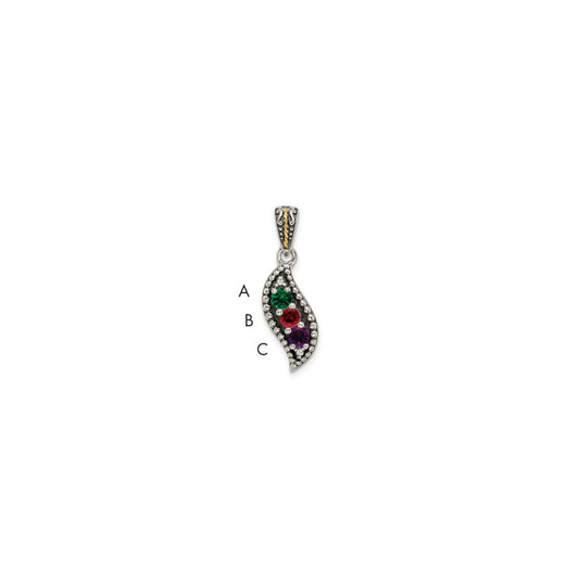 Sterling Silver Antiqued w/14k 3-stone w/Diamond Mother's Pendant
