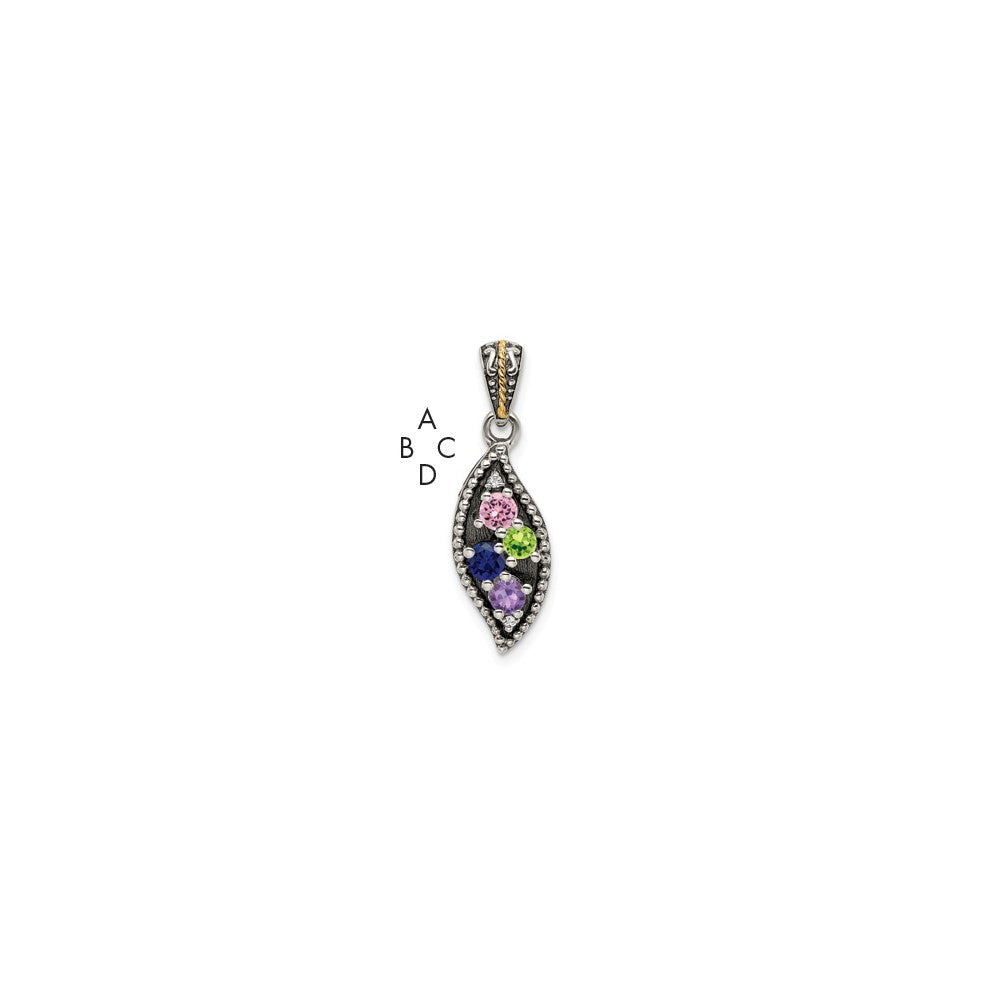 Sterling Silver Antique w/14k 4-stone w/Diamond Family Pendant w/18in Chain
