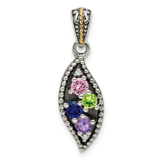 Sterling Silver Antique w/14k 4-stone w/Diamond Family Pendant w/18in Chain