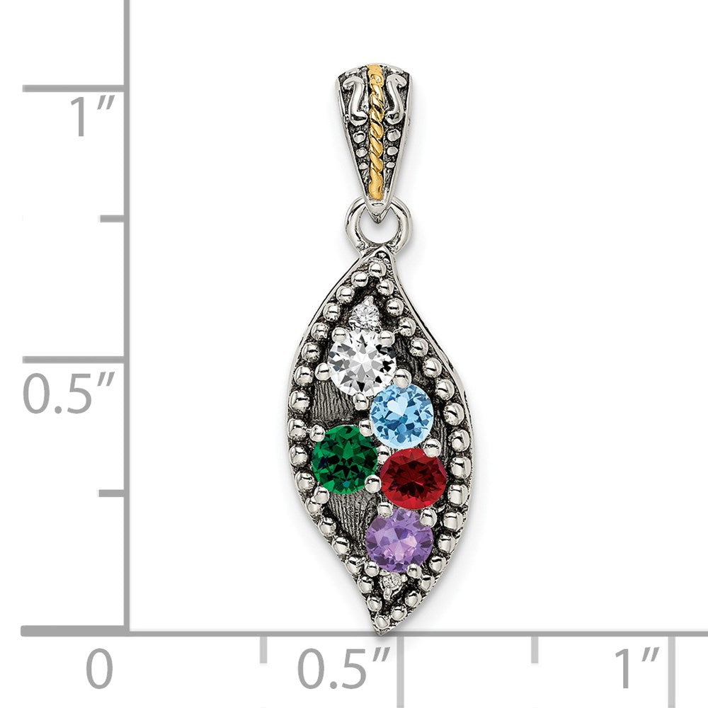 Sterling Silver Antique w/14k 5-stone w/Diamond Family Pendant w/18in Chain