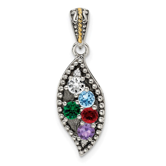 Sterling Silver Antique w/14k 5-stone w/Diamond Family Pendant w/18in Chain