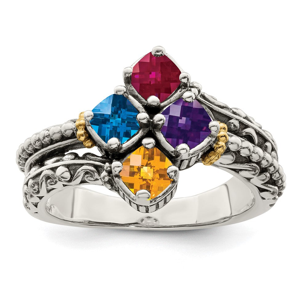 Sterling Silver Antiqued w/14k 4-stone Mother's Ring