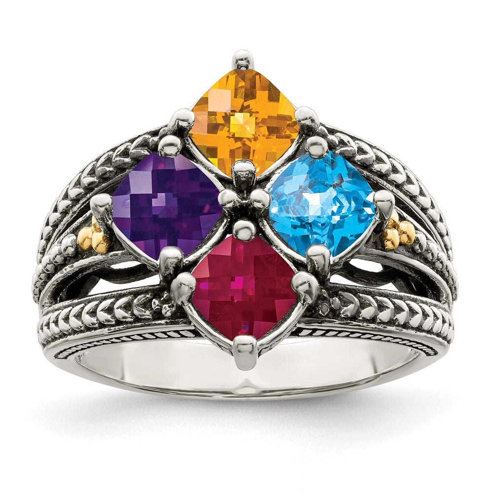 Sterling Silver Antiqued w/14k 4-stone Mother's Ring