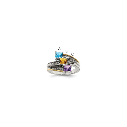 Sterling Silver Antiqued w/14k 3-stone w/Diamond Genuine Mother's Ring