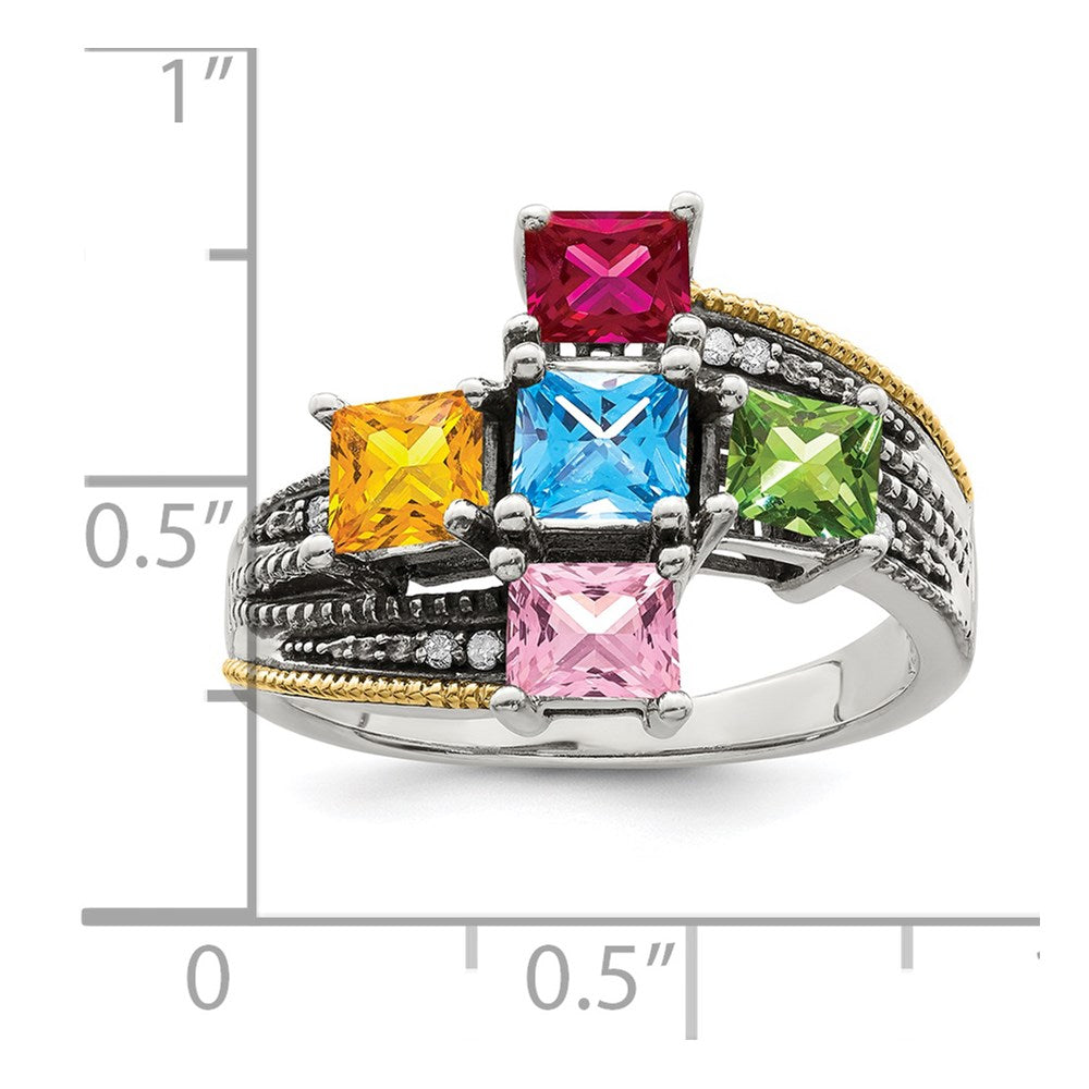 Sterling Silver Antiqued w/14k 5-stone w/Diamond Genuine Mother's Ring