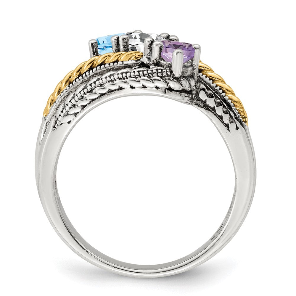 Sterling Silver Antiqued w/14k 3-stone Mother's Ring