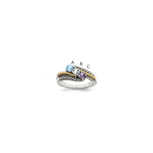 Sterling Silver Antiqued w/14k 3-stone Mother's Ring