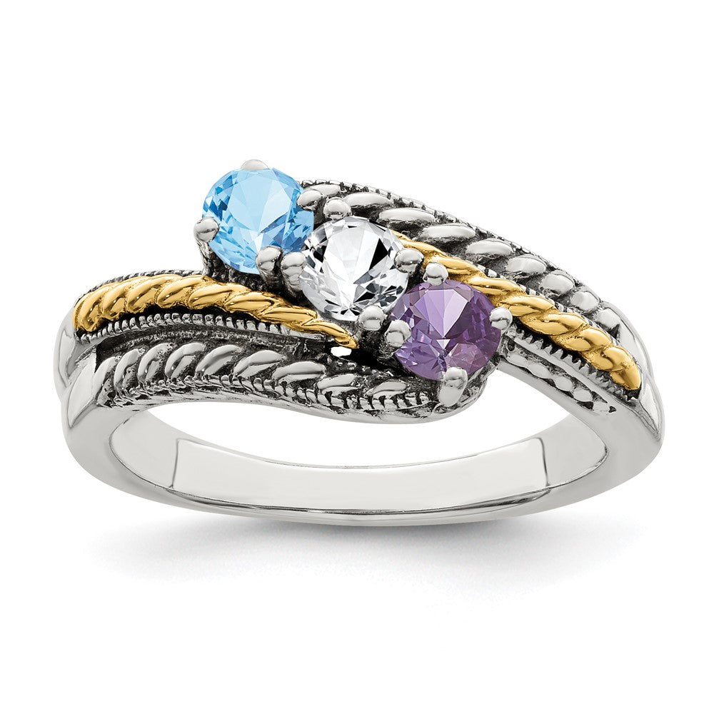 Sterling Silver Antiqued w/14k 3-stone Mother's Ring