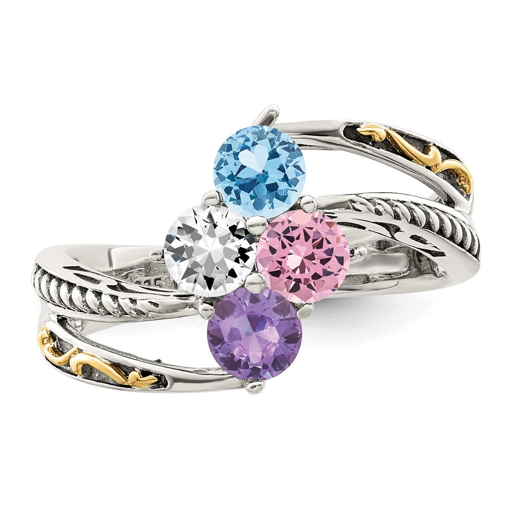 Sterling Silver Antiqued w/14k 4-stone Mother's Ring