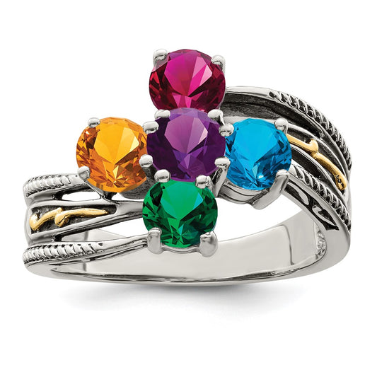 Sterling Silver Antiqued w/14k 5-stone Mother's Ring