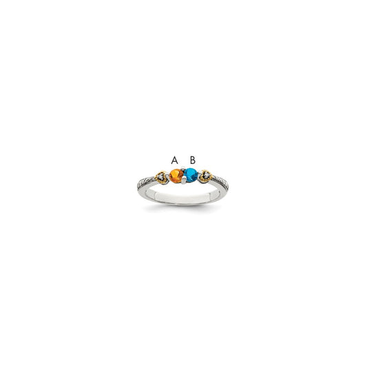 Sterling Silver Antiqued w/14k 2-stone w/Diamond Mother's Ring