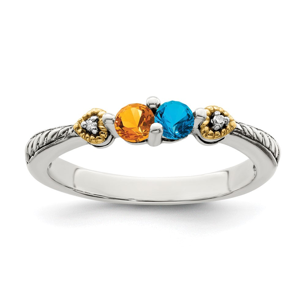 Sterling Silver Antiqued w/14k 2-stone w/Diamond Mother's Ring