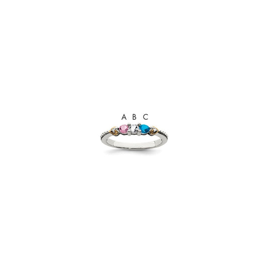 Sterling Silver Antiqued w/14k 3-stone w/Diamond Mother's Ring