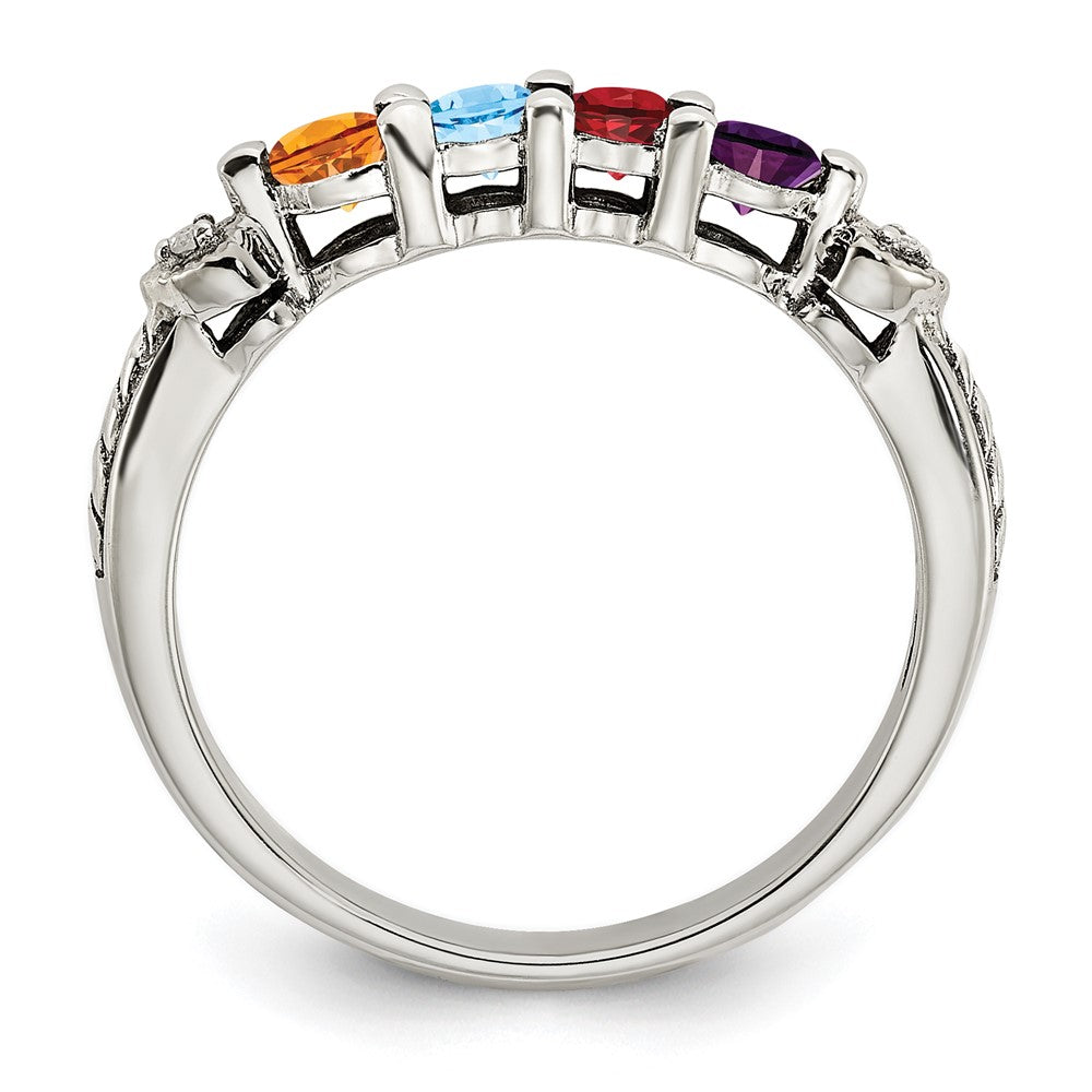 Sterling Silver Antiqued w/14k 4-stone w/Diamond Mother's Ring