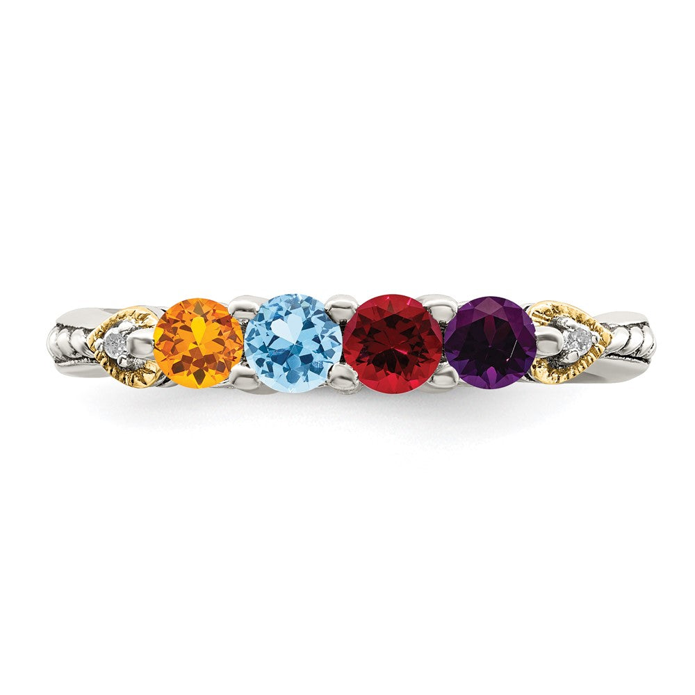 Sterling Silver Antiqued w/14k 4-stone w/Diamond Mother's Ring