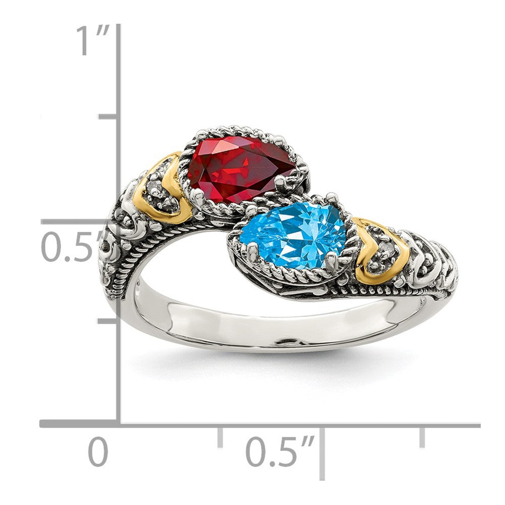 Sterling Silver Antiqued w/14k 2-stone w/Diamond Mother's Ring