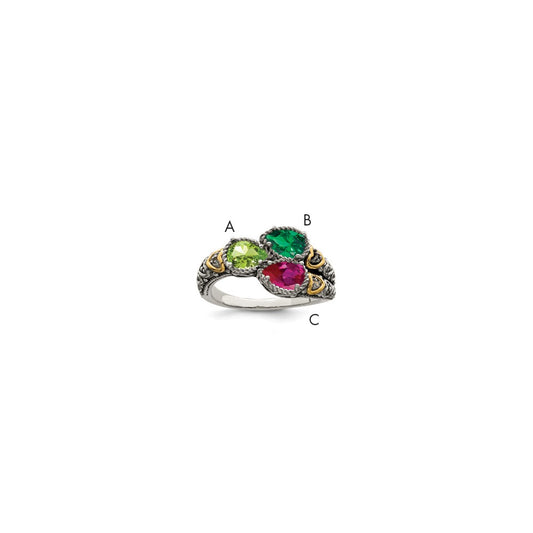 Sterling Silver Antiqued w/14k 3-stone w/Diamond Mother's Ring