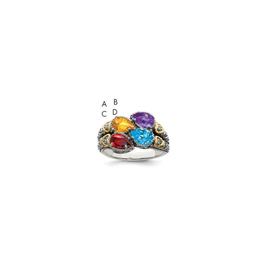 Sterling Silver Antiqued w/14k 4-stone w/Diamond Mother's Ring