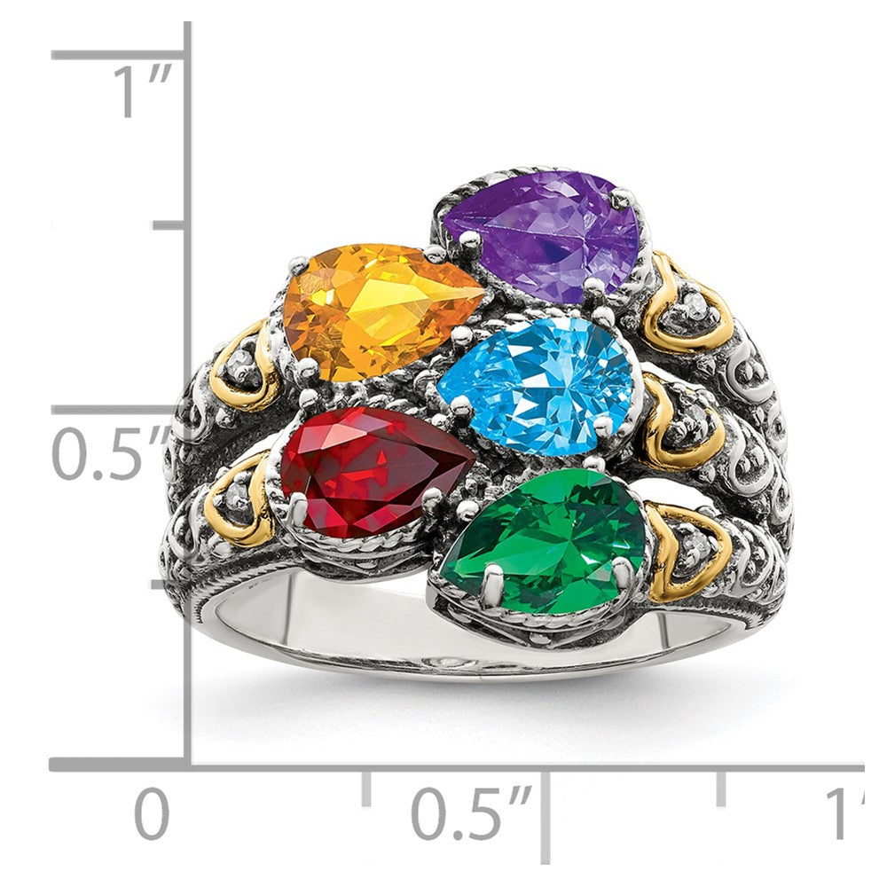 Sterling Silver Antiqued w/14k 5-stone w/Diamond Mother's Ring