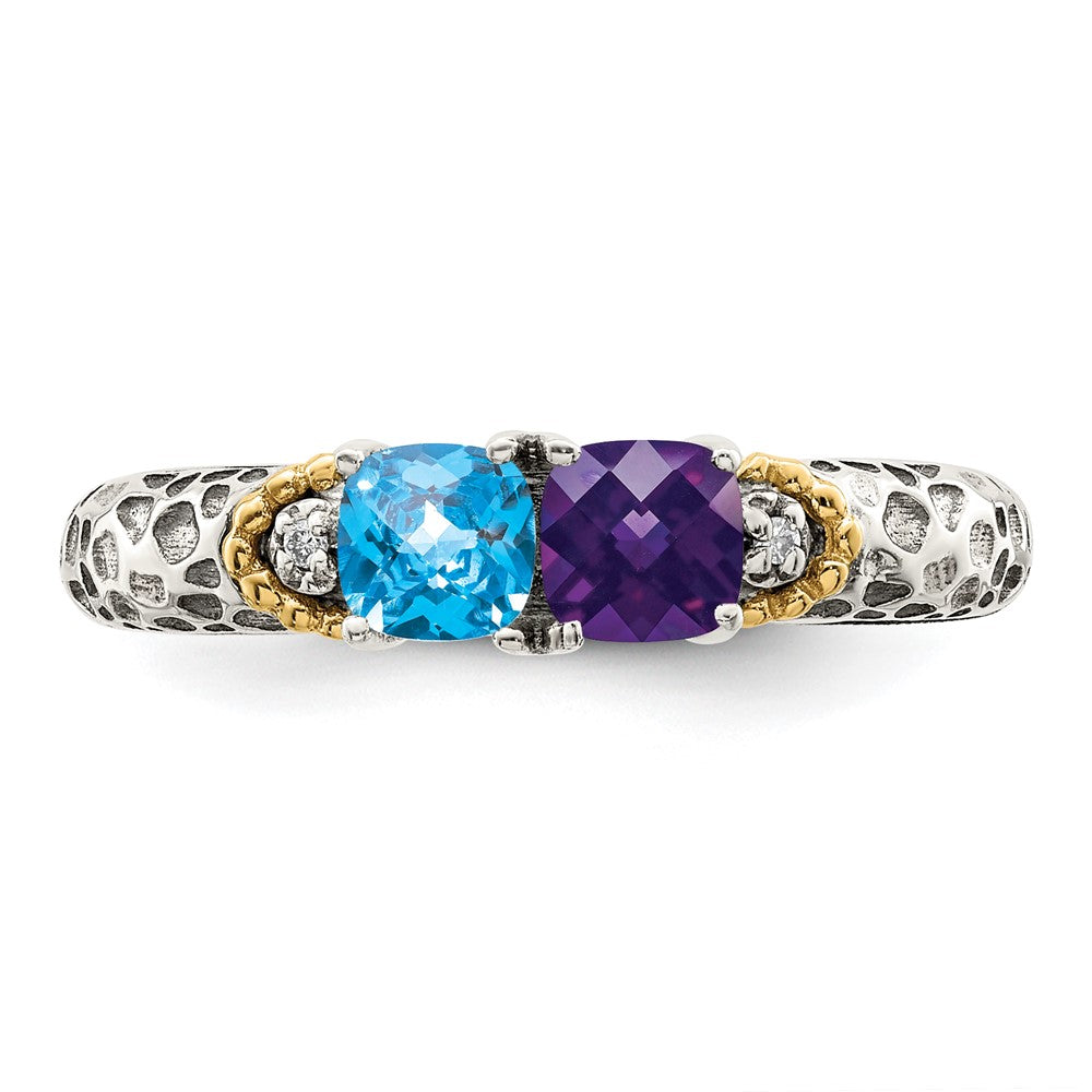 Sterling Silver Antiqued w/14k 2-stone w/Diamond Mother's Ring
