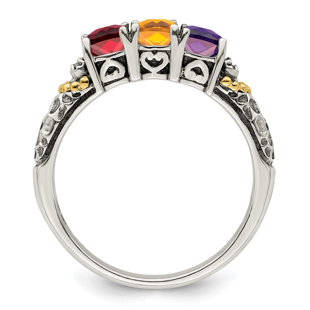 Sterling Silver Antiqued w/14k 3-stone w/Diamond Mother's Ring