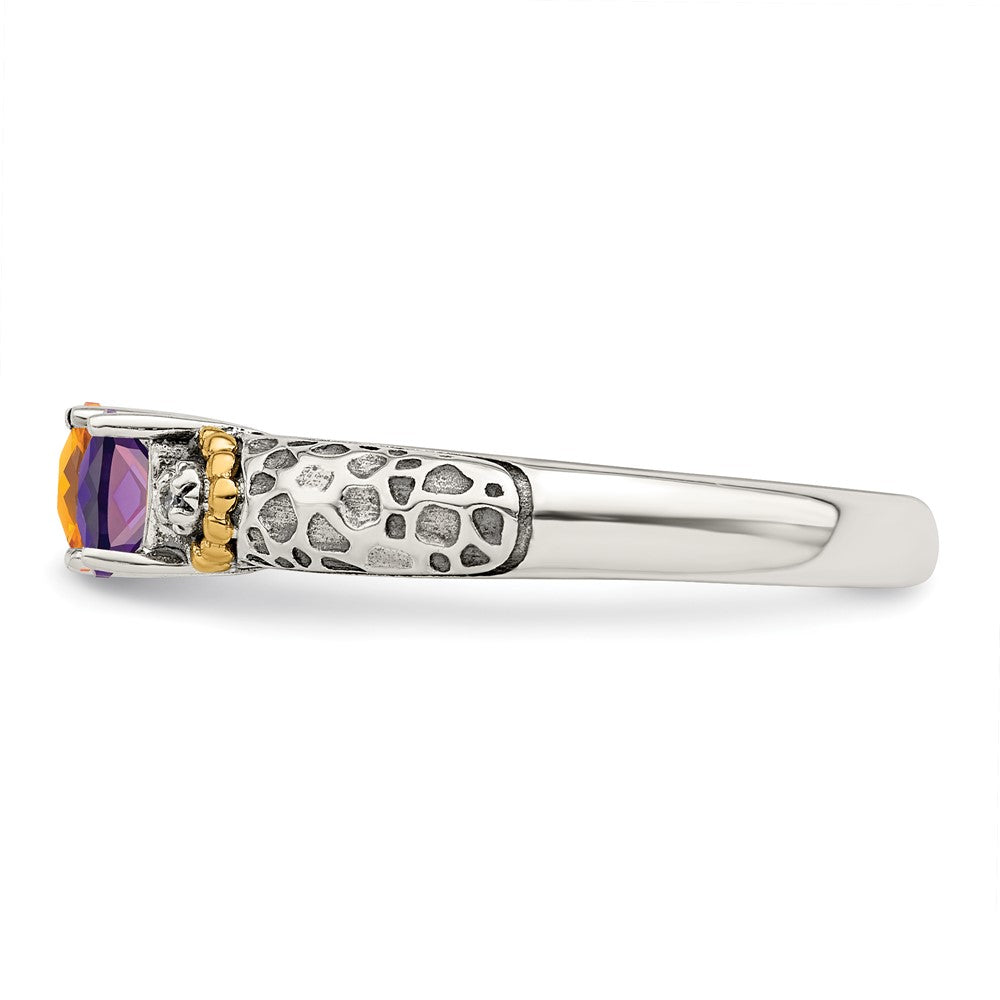 Sterling Silver Antiqued w/14k 3-stone w/Diamond Mother's Ring